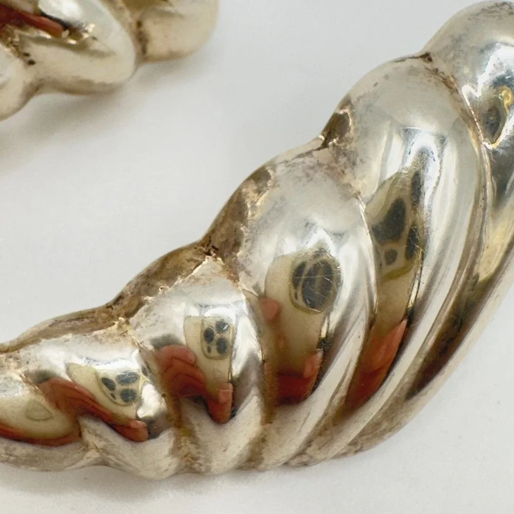 Vintage Sterling Silver Earrings Pierced Puffy Shell Modernist Style 1.75 In 80s